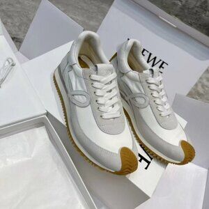 Womens Loewe White Gray Nylon Suede Flow Retro Runner Sneaker